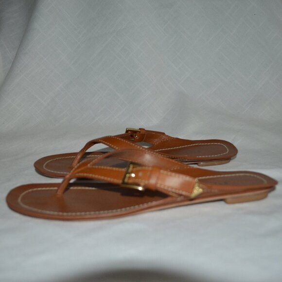 $995 Sz 37 6.5 Prada Brown Leather Calfskin Buckle Flat Thong Sandals - Picture 2 of 12